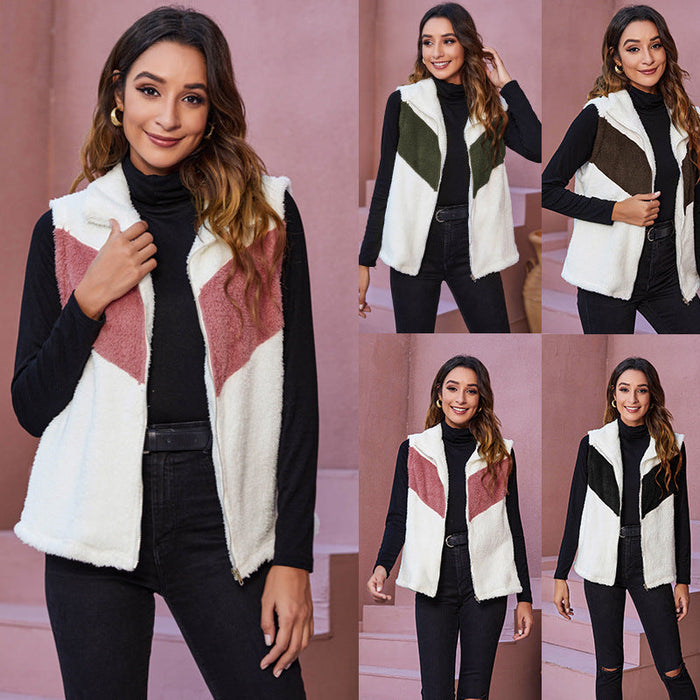 Autumn Winter Casual Contrast Color Plush Vest Vest Coat