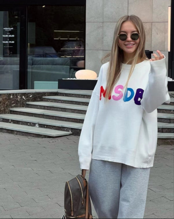 Autumn Winter Contrast Color Letter Graphic Print Round Neck Loose Casual Sweater