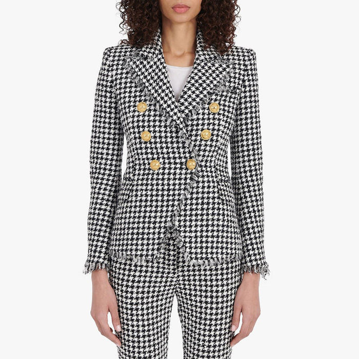 Spring Autumn Classic Houndstooth Tweed Tassel Women  Business Blazer  Suit Set Woolen Jacket