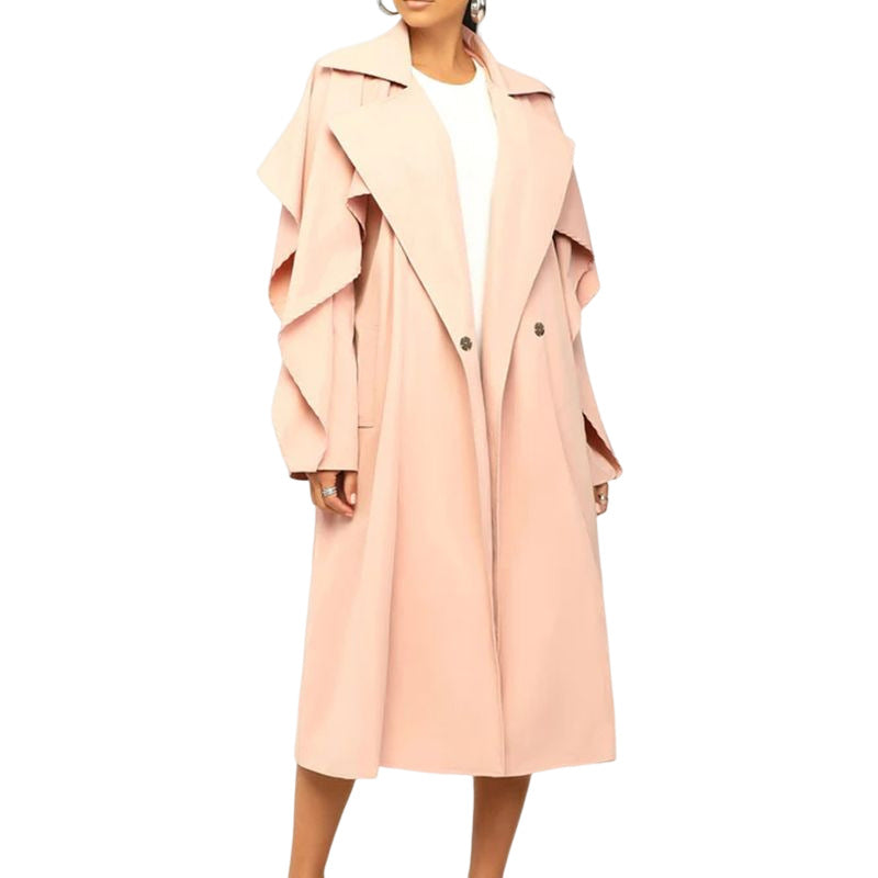 Autumn Winter Women  Clothing Fashionable Polo Collar Solid Color Mid Length Trench Coat