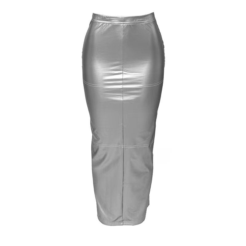 Metallic Coated Fabric Autumn Solid Color Faux Leather Hip Slit Slim Fitting Trousers Skirt