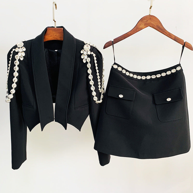 Goods Socialite Heavy Industry Diamond Chain Rhinestone Short Blazer With Skirt Set Two Piece  Blazer Suit Set