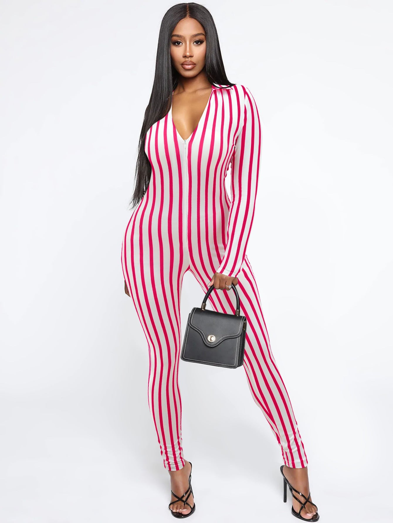 Fall Winter Striped Printed Casual Women Clothing Slim V-neck Long Sleeve Jumpsuit