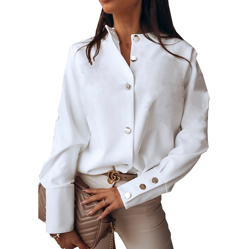 Spring Women Clothing Shirt Button Solid Color Office round Neck Shirt