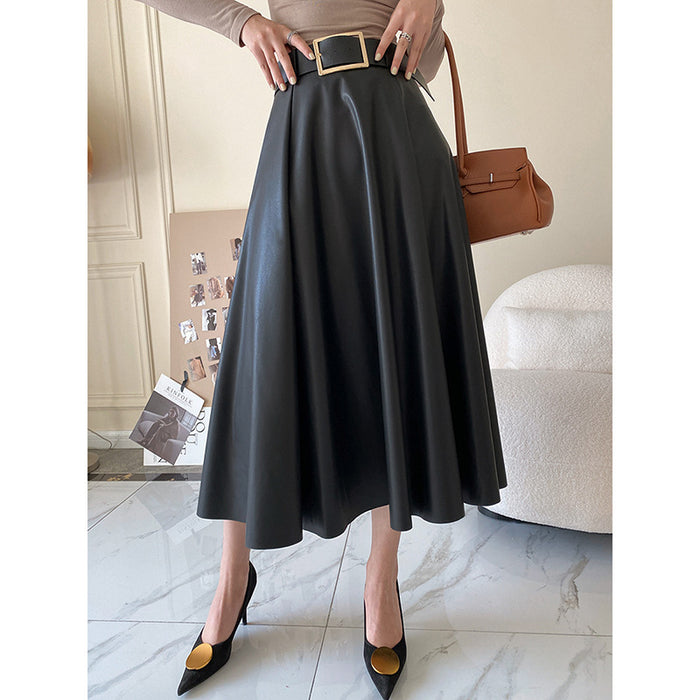 High Waist Petite Skirt Mid-Length Women Autumn Winter A- line Leather Skirt Umbrella Skirt