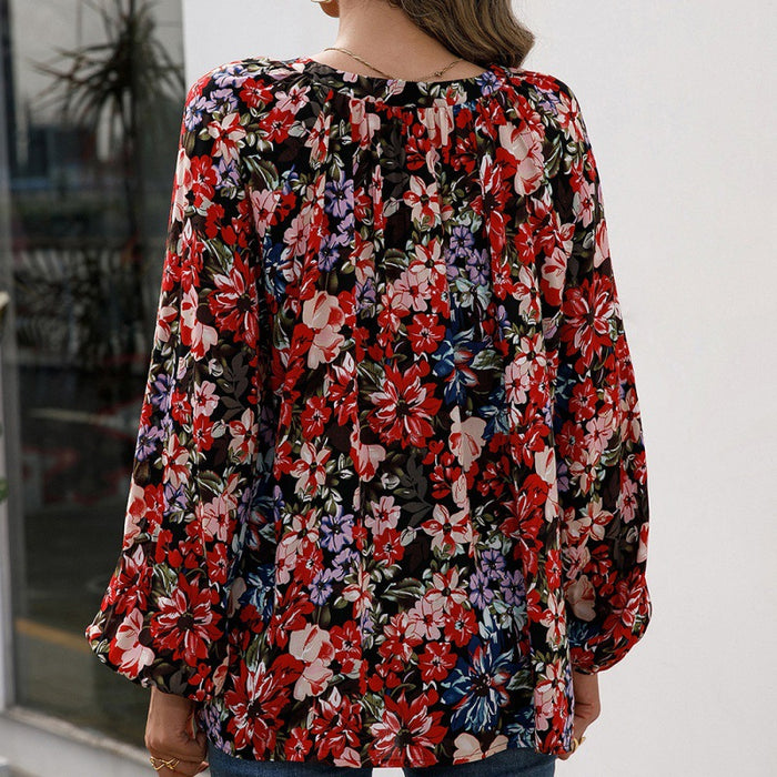 Loose Casual Floral Long Sleeved V neck Shirt Estampado Floral Shirt Top for Women