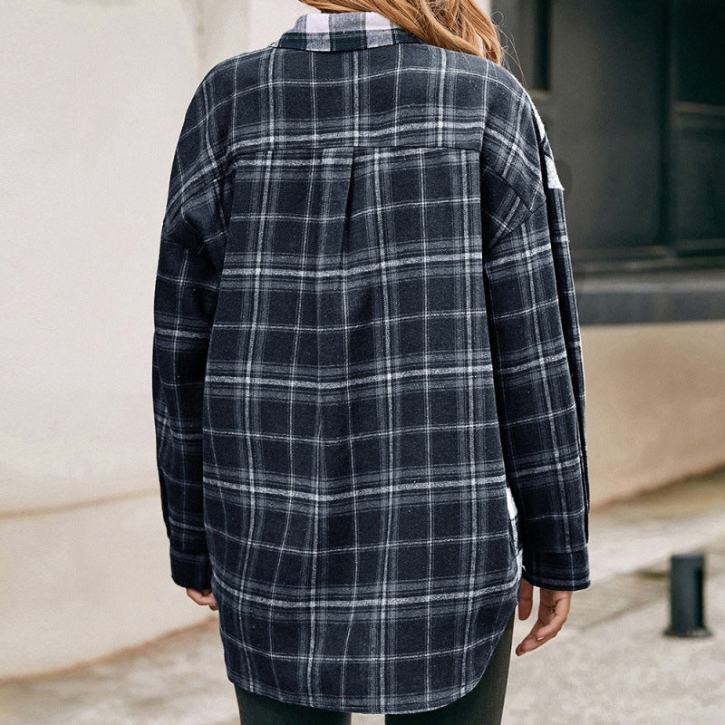 Loose Casual Polo Collar Long Sleeve Single-Breasted Checked Shirt Plaid Colorblock Shacket Top