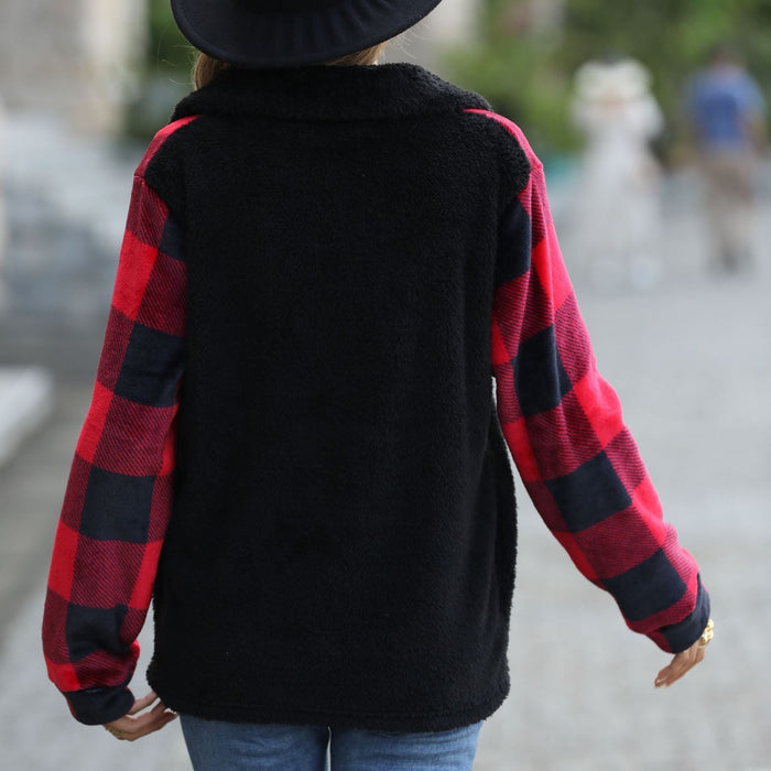 Autumn Plush Women Clothing Half Long Sleeve Zipper Stand Collar Stitching Double Sided Flannel Plaid Pullover Sweater