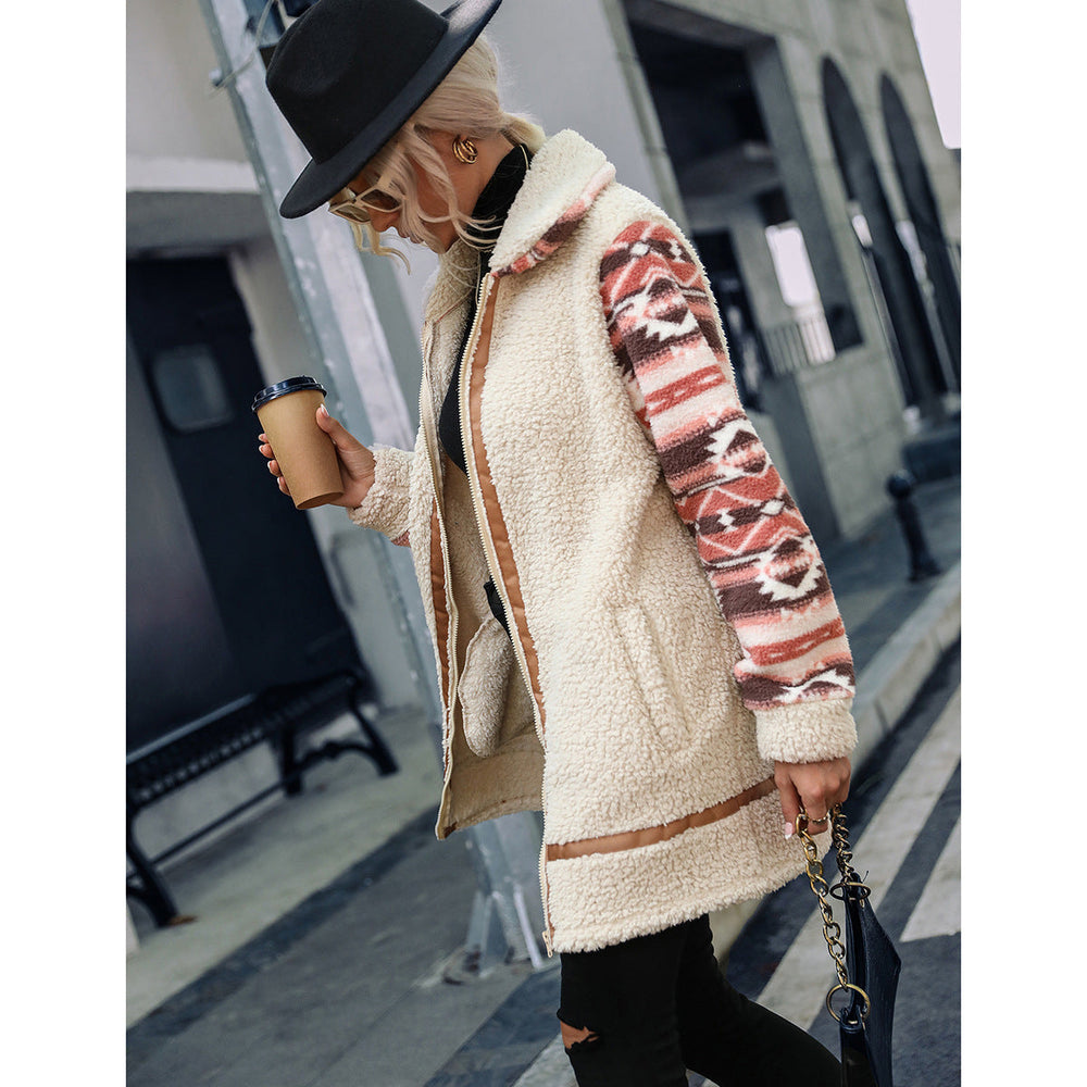 Flash Velvet Women  Particle Color Matching Printing Collared Long Stitching Zipper Plush Coat Outerwear