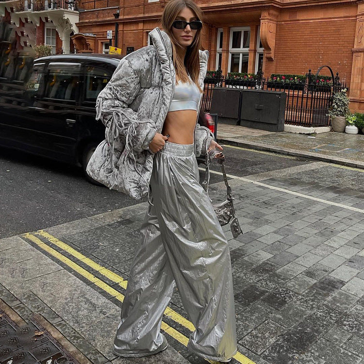 Metallic Coated Fabric Trend Windproof Women Pants Autumn Silver Elastic Waist Loose Straight Slimming Wide Leg Pants