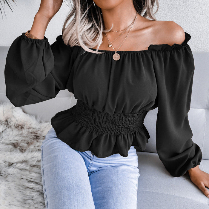 Real Shot Autumn Winter Sexy Off Shoulder Off Shoulder Hem Ruffled Chiffon Shirt Top Women Clothing