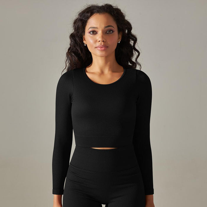 Seamless Solid Color Striped Tight Sexy Yoga Clothes Breathable Long Sleeves Top Sports Running Fitness Clothes