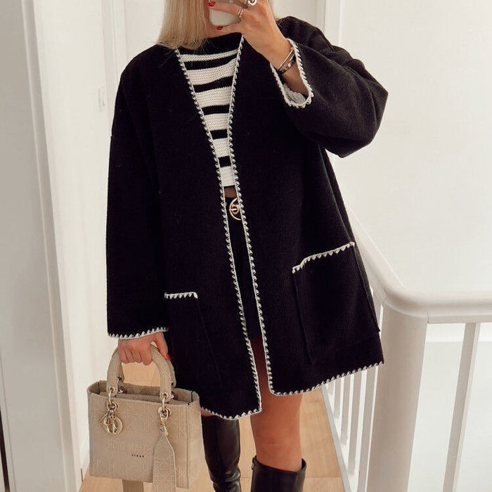 Women Color Contrast Woolen Coat Autumn Winter