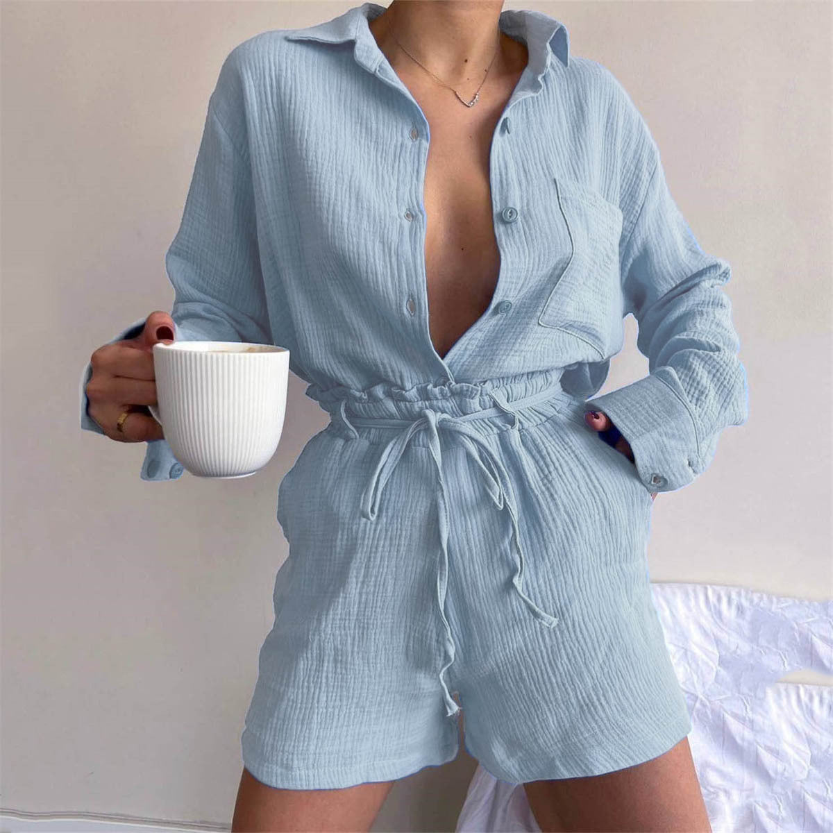 Women  Clothing Suit Pure Cotton Summer Collared Long Sleeve Shirt High Waist Pocket Shorts Two Piece Set