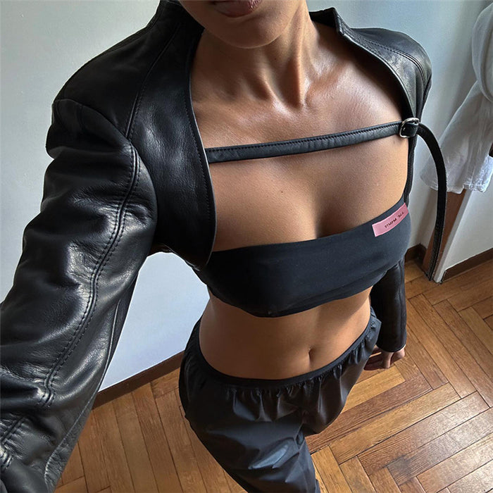 Fall Women Clothing Two Piece Street Trend Underwear Bandeau Vest Outer Wear Slim Faux Leather