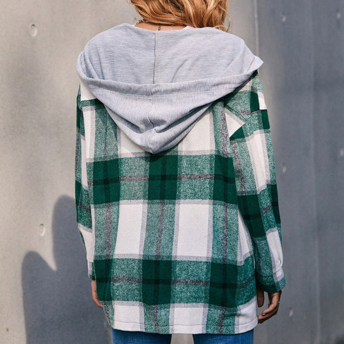 Plaid Shacket Hooded Loose Casual Shacket Jacket Outerwear