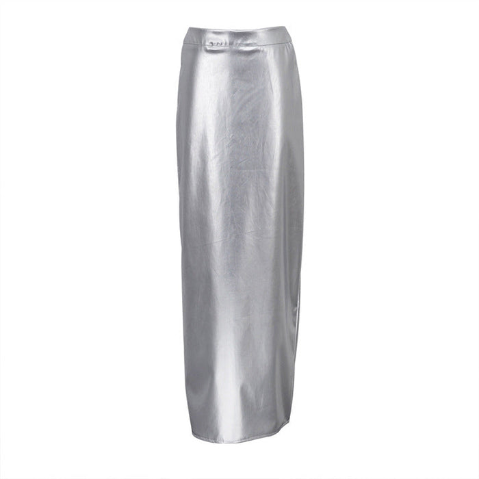 Metallic Coated Fabric Women Clothing Spring Graceful Fashionable High Waist Slit Slimming Hip Skirt Faux Leather Long Skirt