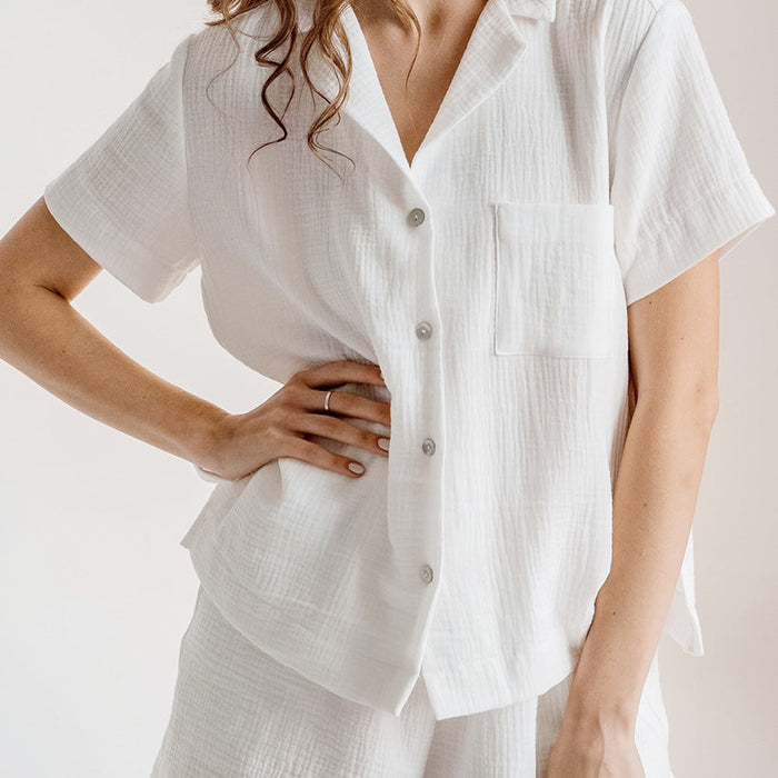 Summer Cotton Linen French Simplicity Sports Shirt Shorts Double Layer Gauze Pajamas Women  Homewear