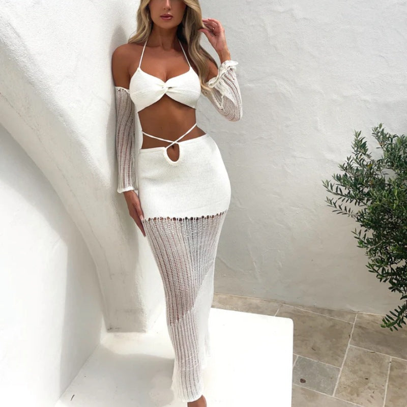 Spring Summer Wrapped Chest Oversleeve Top Drawstring Hollow Out Cutout Hip Skirt Knitted Women Clothing Two Piece Set