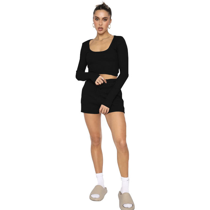 Spring Waffle Solid Color U Neck Long Sleeved Short Women Clothing Casual Shorts Suit