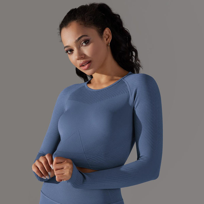 Seamless Knitted Solid Color Striped Tight Top Fitness Exercise Running Yoga Clothes Moisture Absorption Body Shaping Long Sleeve Women