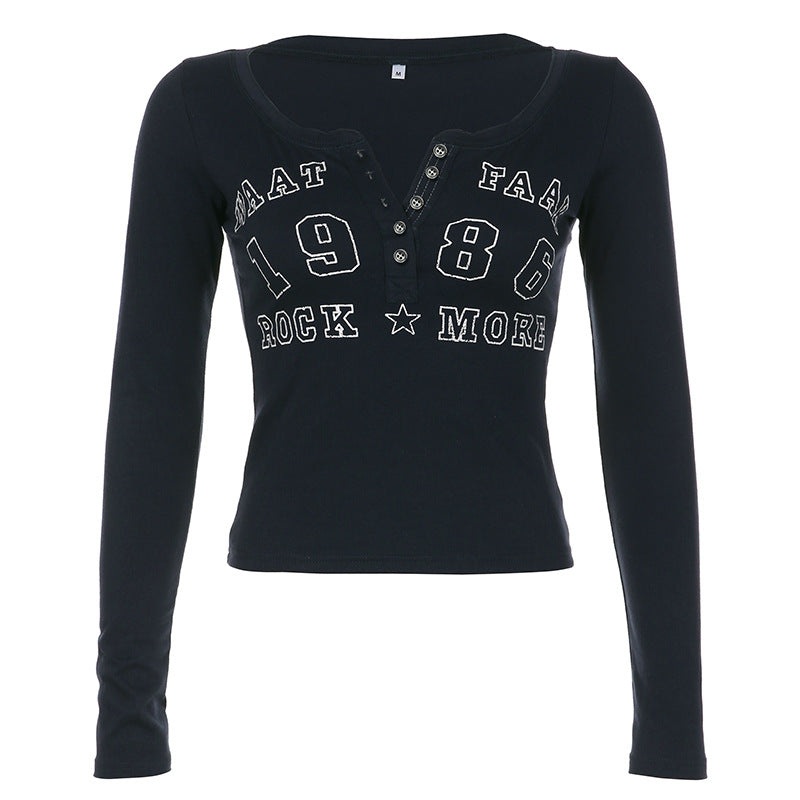 Letters Numbers Printed Long Sleeved T Shirt Women Half Breasted V Neck Pullover Base Short Top