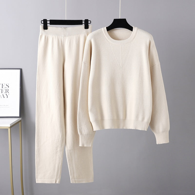 Autumn Winter Loose Casual Sweater Two Piece Set Solid Color Knitting Suit Women