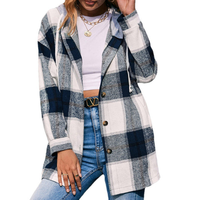 Plaid Shacket Hooded Loose Casual Shacket Jacket Outerwear