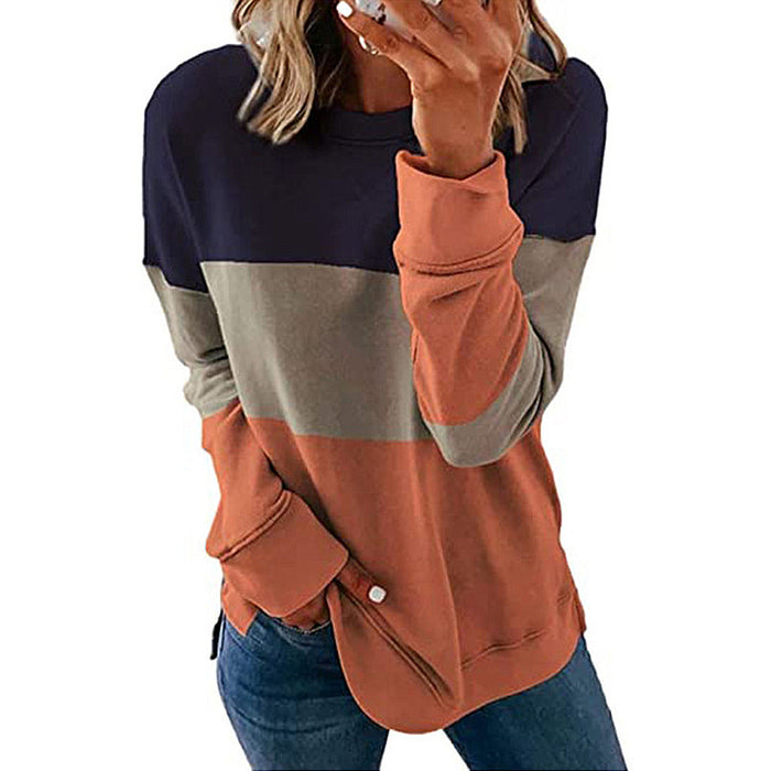 Autumn Winter Women Clothing Printing Color Contrast Patchwork Round Neck Long Sleeve Sweater