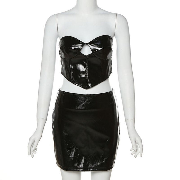 Metallic Coated Fabric Spring New Bandeau Sexy Vest Slimming Sheath Women Suit Skirt