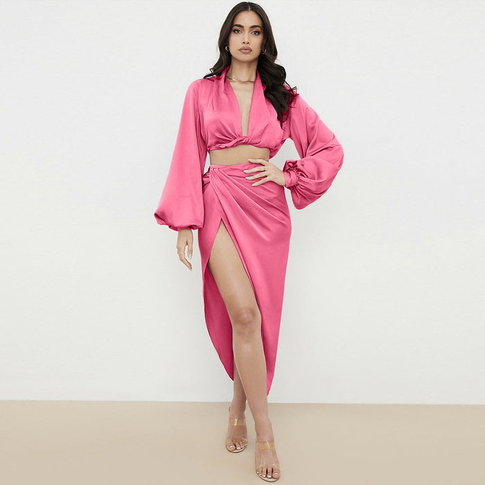 Long Sleeve Deep V Plunge Plunge Cropped Top High Slit Skirt Set Satin Nightclub Sexy Dress