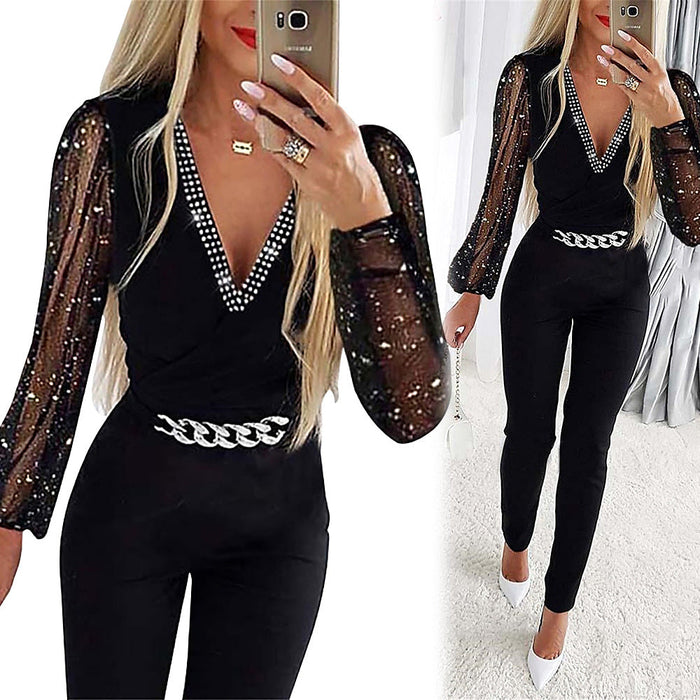 Autumn Women Clothing Solid Color V neck Long Sleeve Rhinestone High Waist Professional Casual Jumpsuit