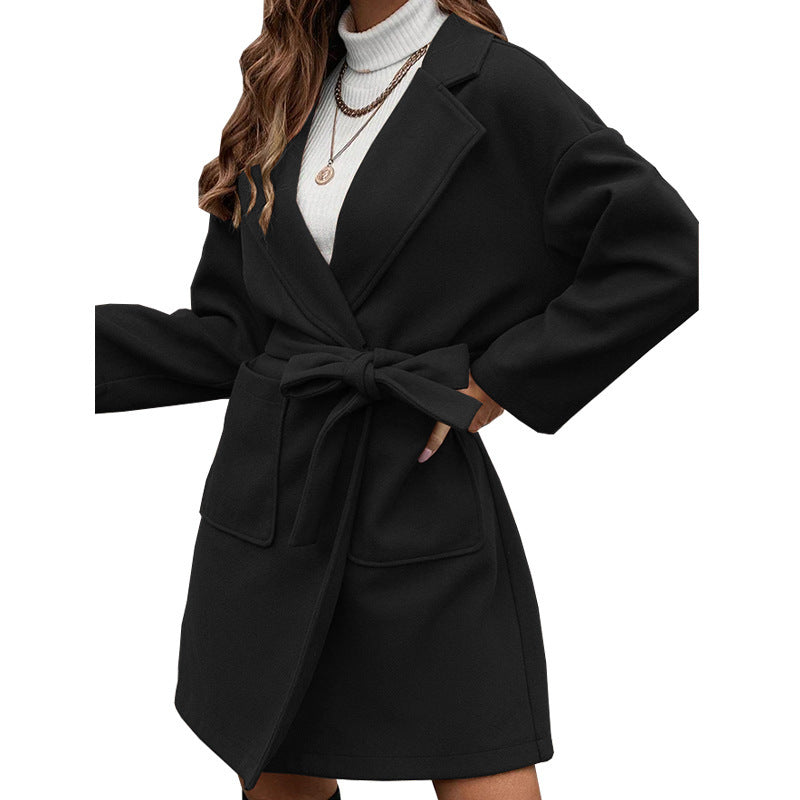 Autumn Winter Simplicity Long Sleeve Collared Button Split Belt Coat Women