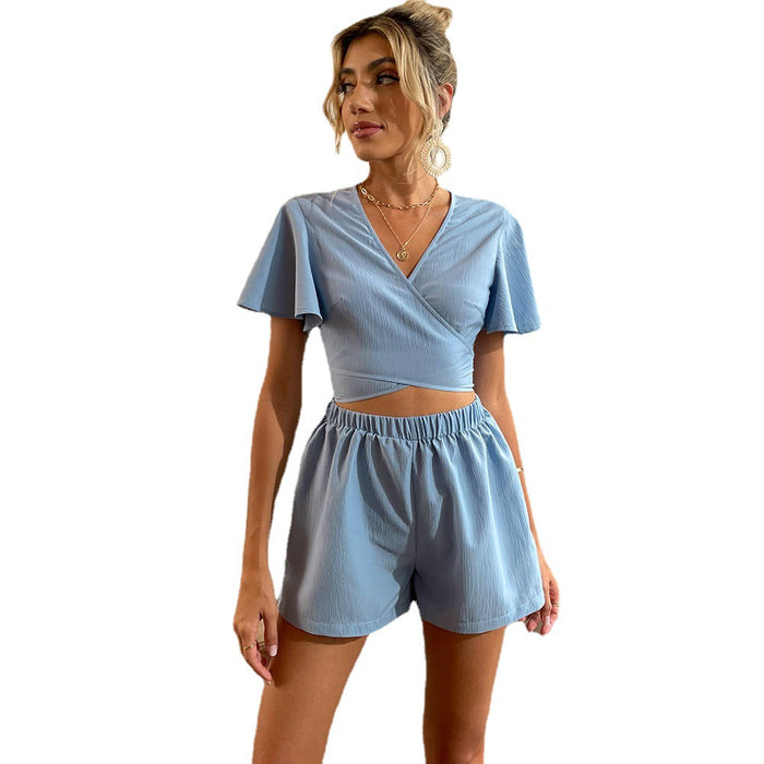 Summer Women Clothing V-neck Pullover Lace-up Bell Sleeve Short Solid Color Suit