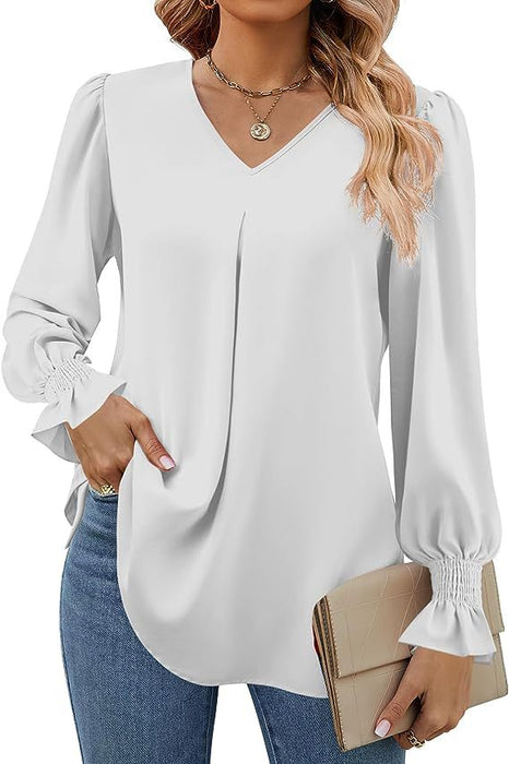 Women Clothing Autumn Winter Solid Color Chiffon Shirt V Neck Pullover Horn Long Sleeve Top Shirt