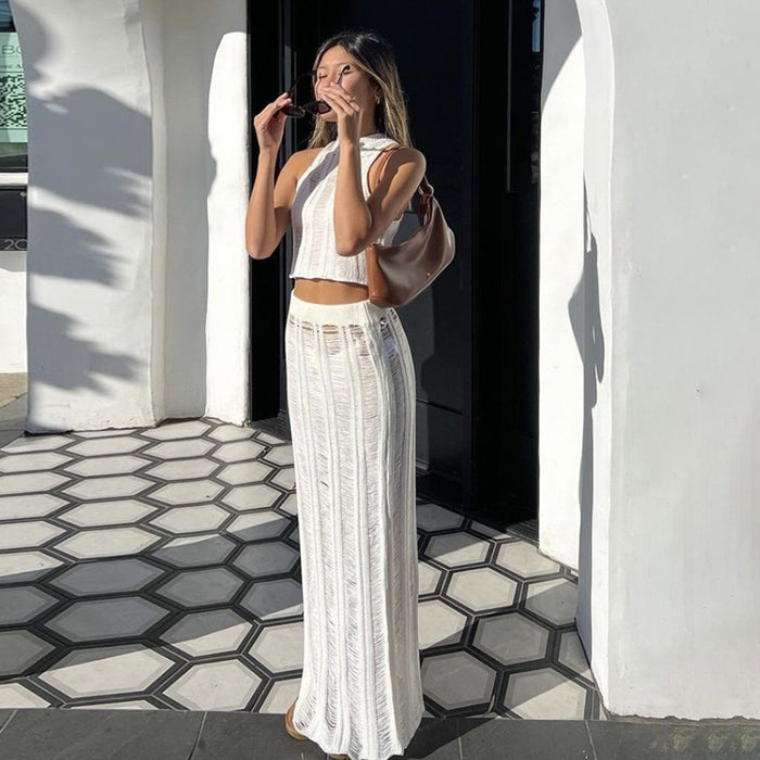 Spring Summer Women Clothing Sexy Cutout See through Small Vest Slim High Waist Two Piece Skirt Set Women