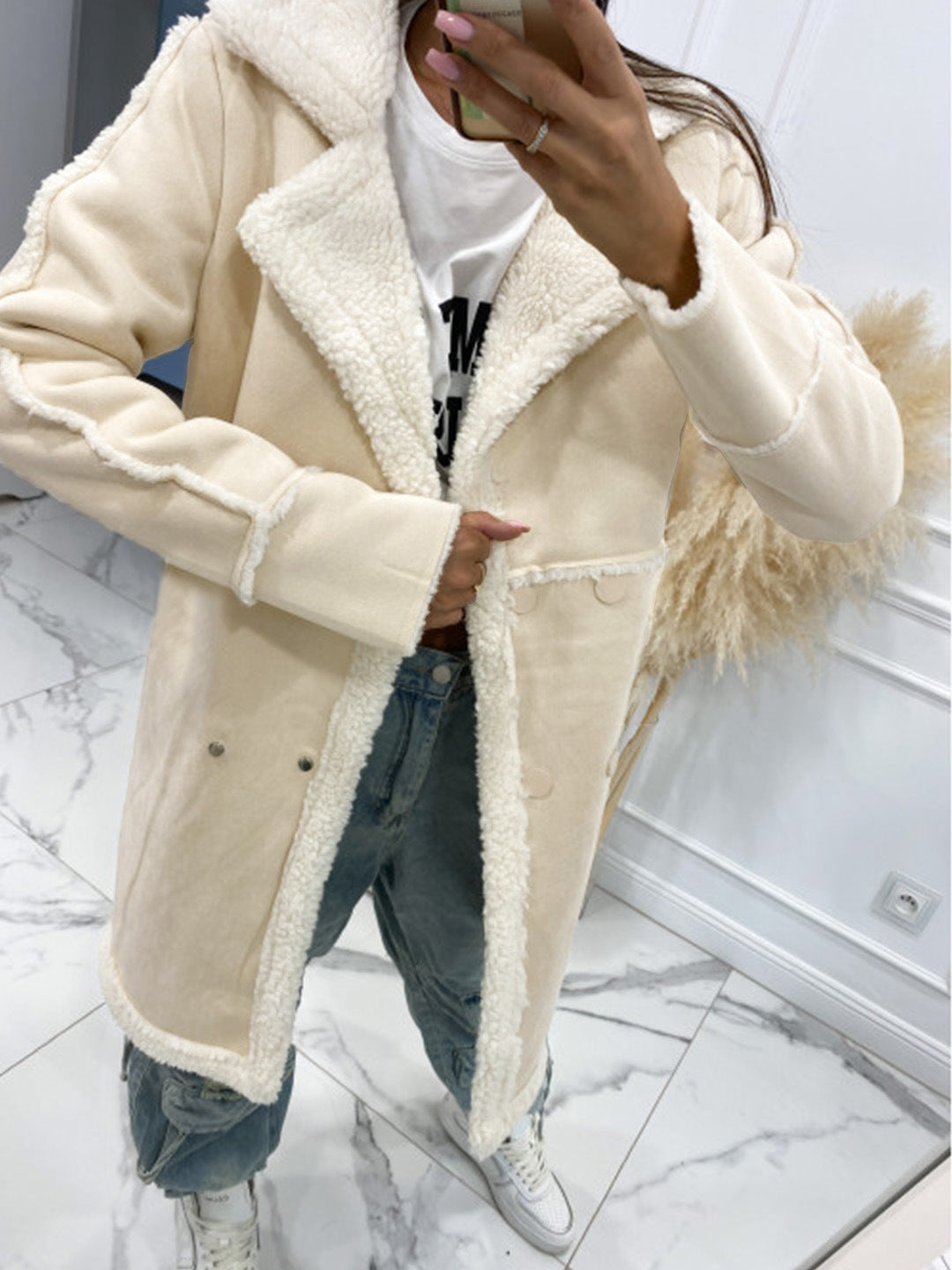 Autumn Winter Solid Color Thickened Lambswool Splicing Coat