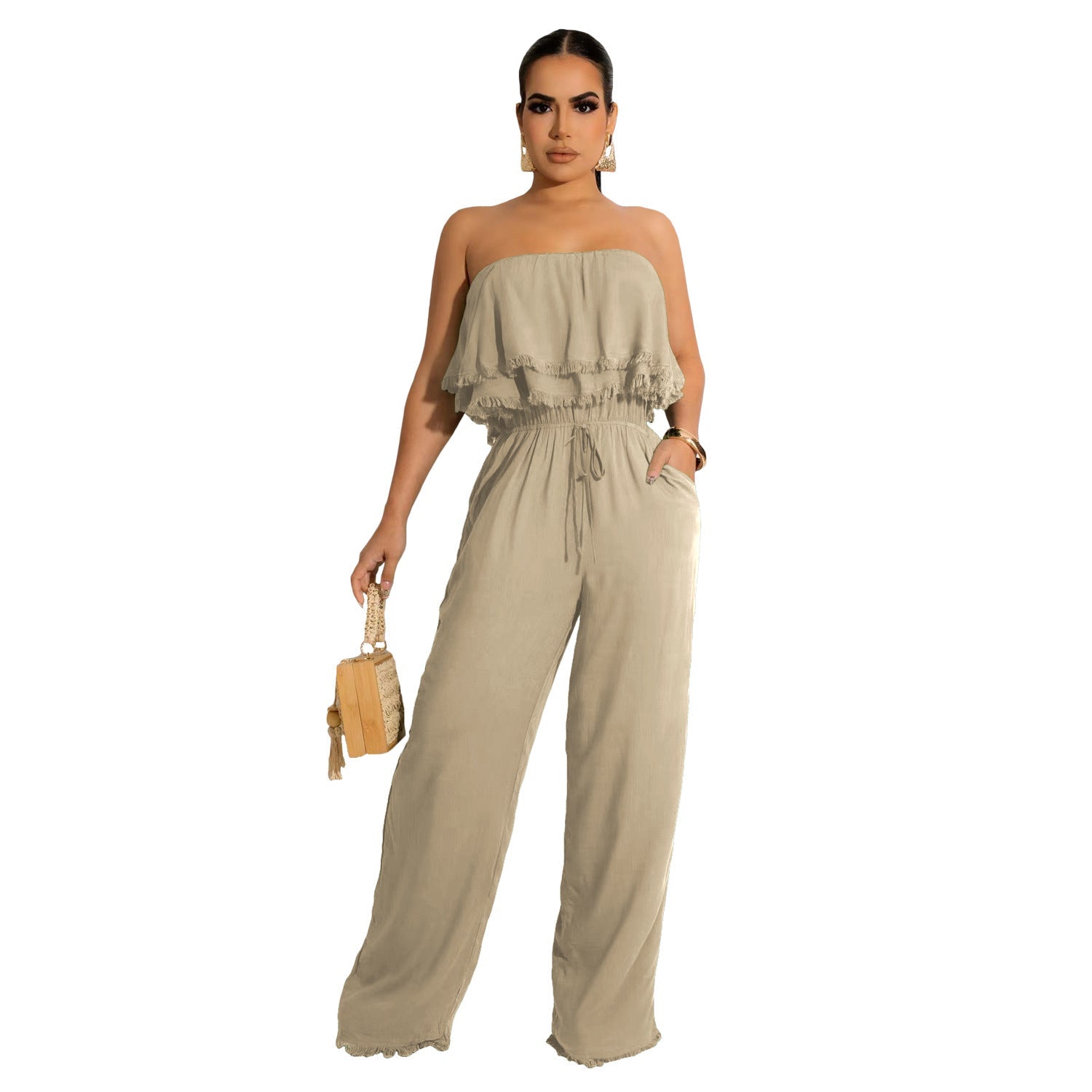 Women Clothing Solid Color Sleeveless Casual Wrapped Chest Ruffled Jumpsuit