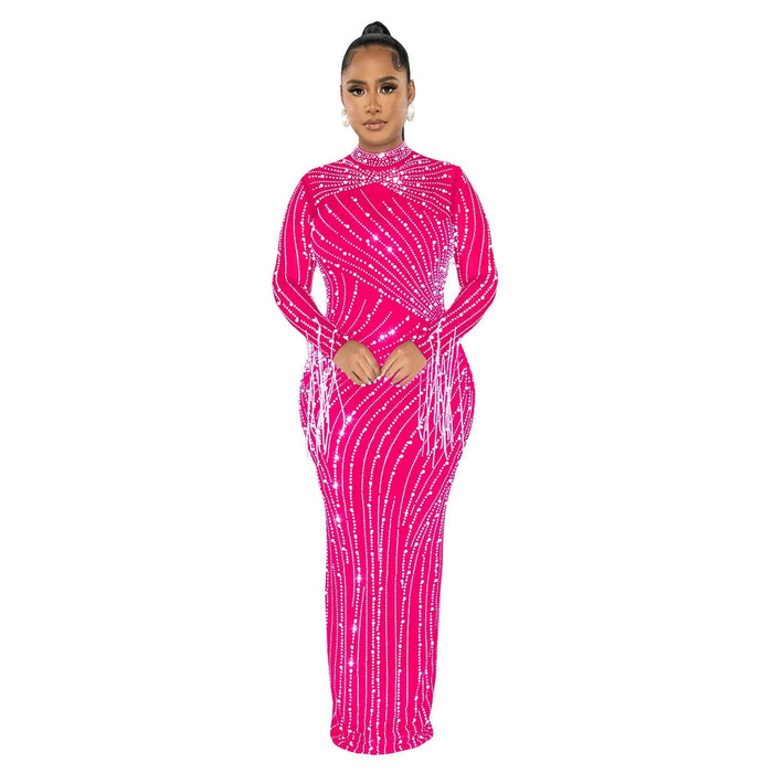 Women Wear Mesh See Through Drilling Long Sleeve Lining Two Piece Set