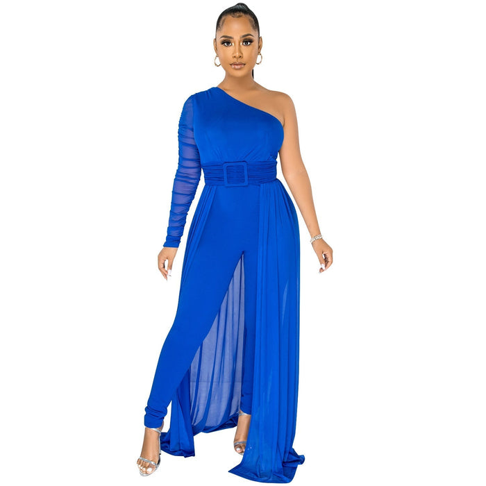 Solid Color Sexy Mesh See-through One Shoulder Diagonal Collar Long Sleeve Trousers Jumpsuit Women