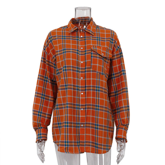 Fall Women Clothing College Orange Plaid Shirt Women Loose Pockets Collared Long Sleeve Shirt