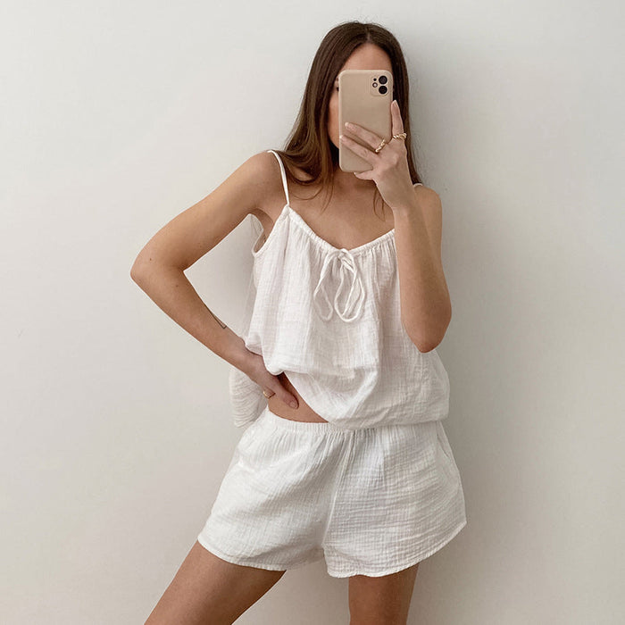 Summer Halter Sleeveless Double Layer Gauze Cotton Lace up Drawstring Shorts White Suit Pajamas Home Wear for Women