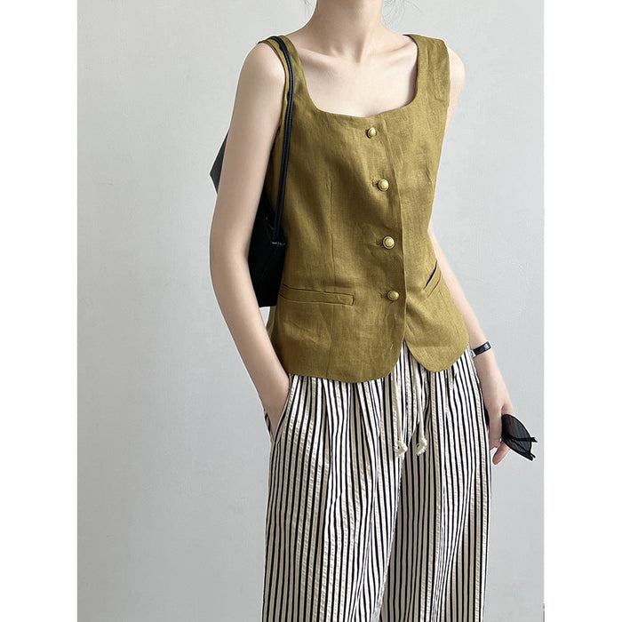 Retro Linen Vest for Women Autumn Special-Interest Square Collar Sleeveless Short Top