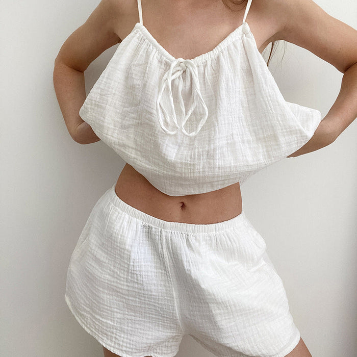 Summer Halter Sleeveless Double Layer Gauze Cotton Lace up Drawstring Shorts White Suit Pajamas Home Wear for Women