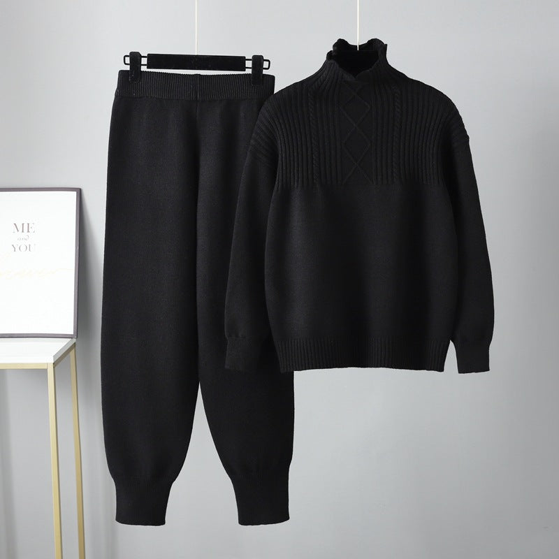 Half Turtleneck Casual Loose Sweater for Women Autumn Winter Gentle Soft Glutinous Knitted Trousers Suit for Women