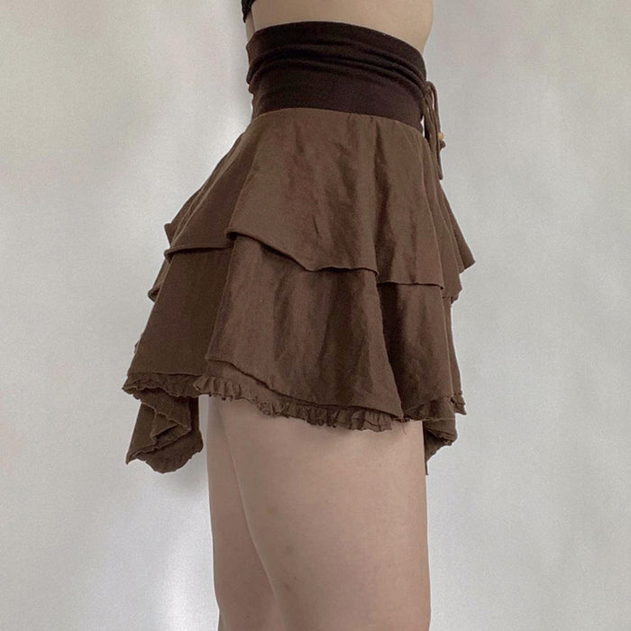 Retro Sweet Irregular Asymmetric Double Layer Ruffled Skirt Cinched Drawstring Lace-up Solid Color Short Skirt