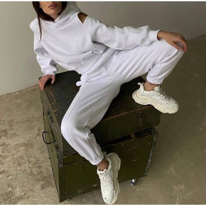 Women Clothing Fall Two Piece Solid Color Hooded Short Sweater Ankle Tied Trousers Set