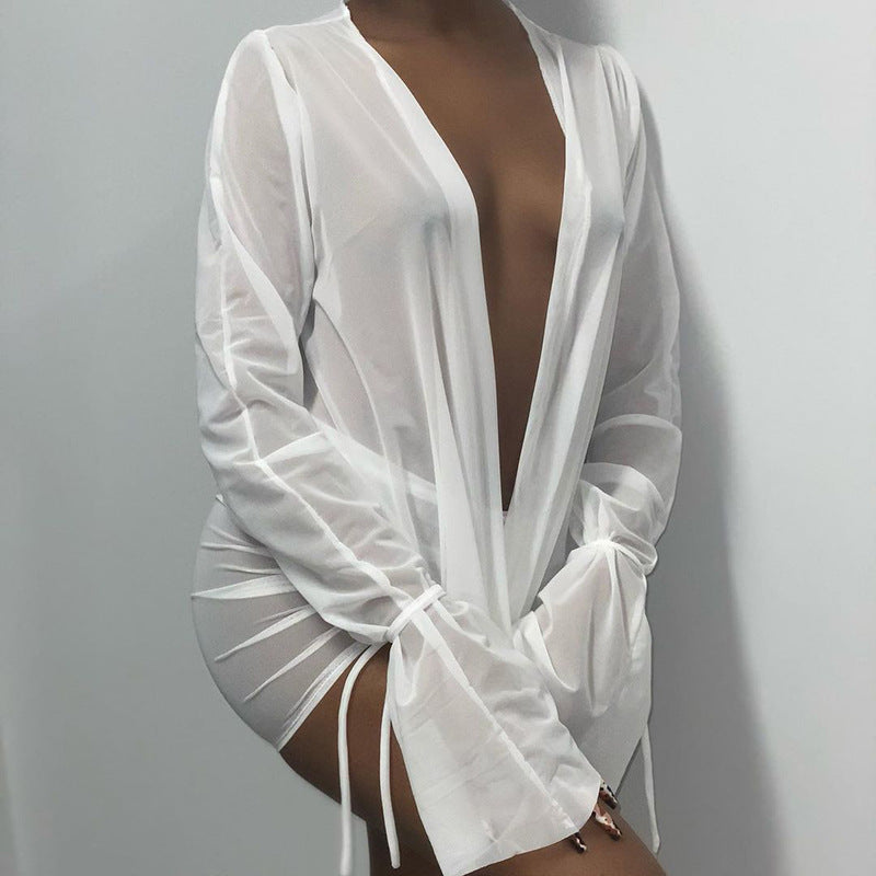 Women Clothing Summer Solid Color Deep V Plunge Plunge Pile Collar Mesh See through Pleating Two Piece Set