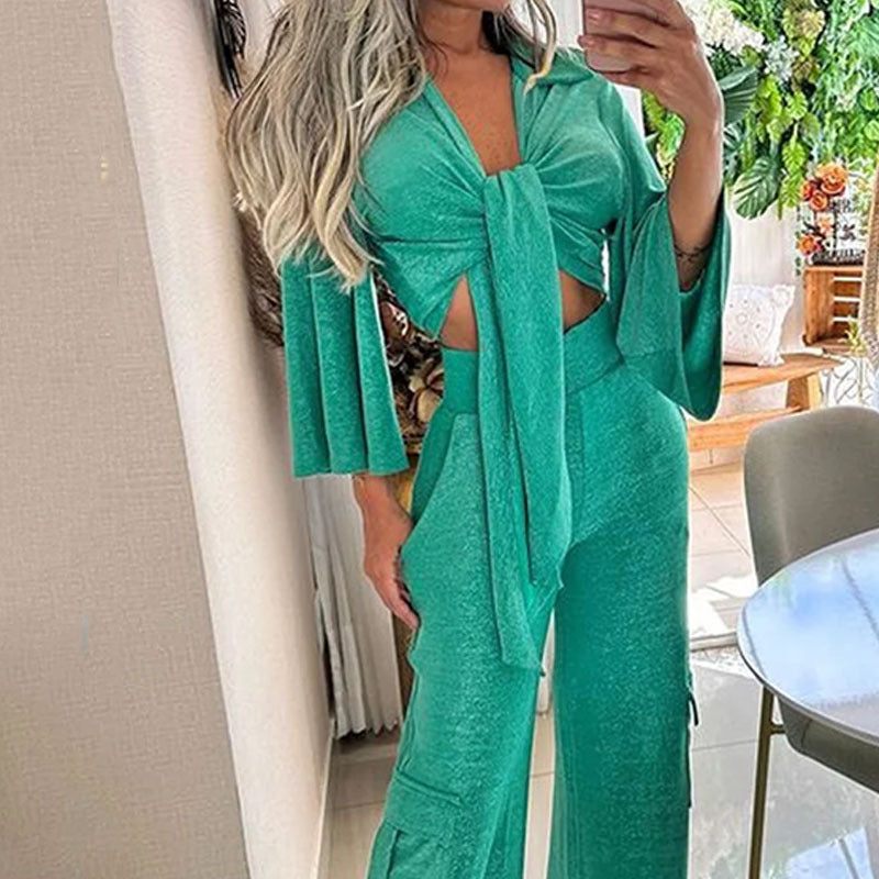 Women Wear Suit Summer Casual Lace Up Top Loose Trousers Two Piece Suit
