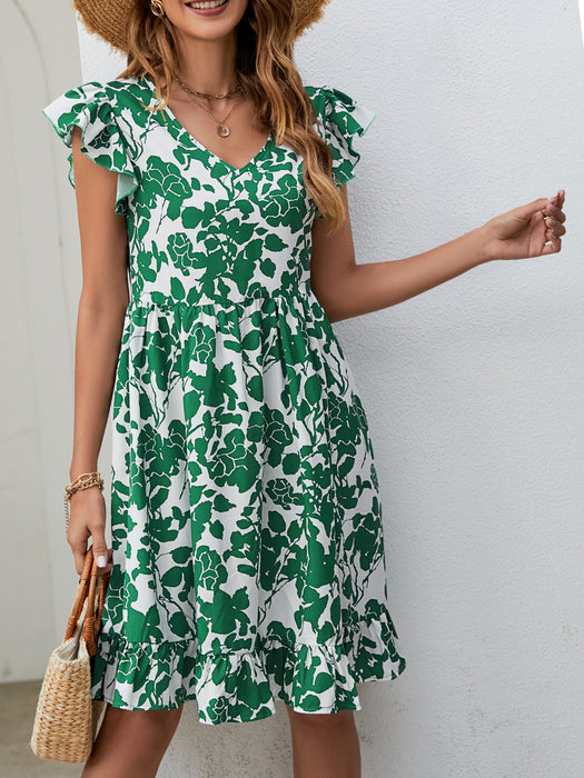 Summer Popular Leaf Printed Dress V Neck Ruffled Sleeve Casual Holiday Dress